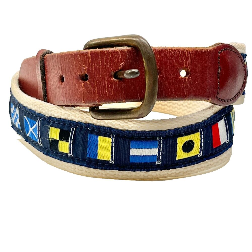 Leather Man Ltd Mens Nautical Flag Ribbon Brown Leather Belt Size 30 XS Brass